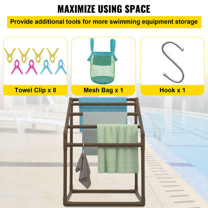 Pool Towel Rack, 5 Bar, Brown, Freestanding Outdoor PVC Trapedozal Poolside Storage Organizer, Include 8 V952-MJJZSTXGBDDW5DYL3V0
