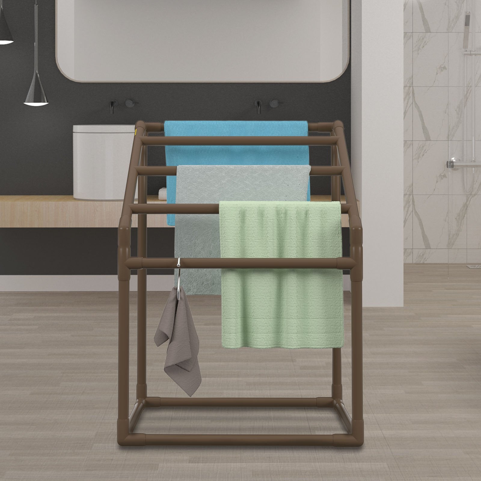 Pool Towel Rack, 5 Bar, Brown, Freestanding Outdoor PVC Trapedozal Poolside Storage Organizer, Include 8 V952-MJJZSTXGBDDW5DYL3V0