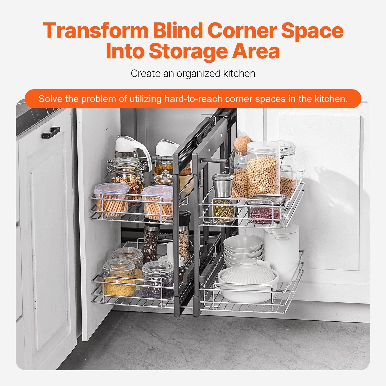 Min 15"W Opening Blind Corner Pull Out Organizer, 2 Tier 4 Shelf Kitchen Cabinet Organizer, Chrome Carbon V952-MJSNLDGG2C25YYEKJV0