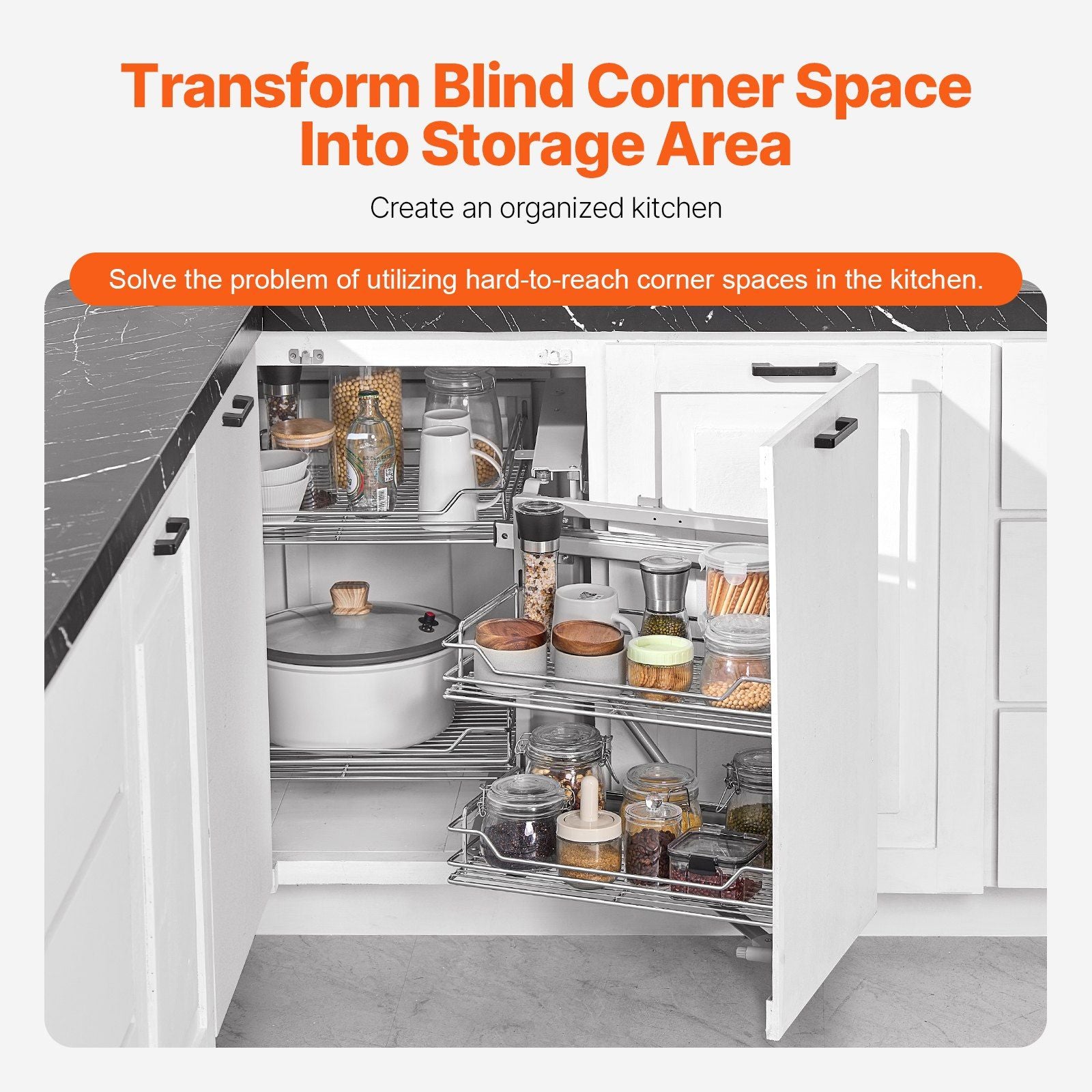 18"W Opening Blind Corner Pull Out Organizer, 2 Tier 4 Shelf Kitchen Cabinet Organizer, Magic Chrome Carbon V952-MJSNLDGG2C345BN6UV0