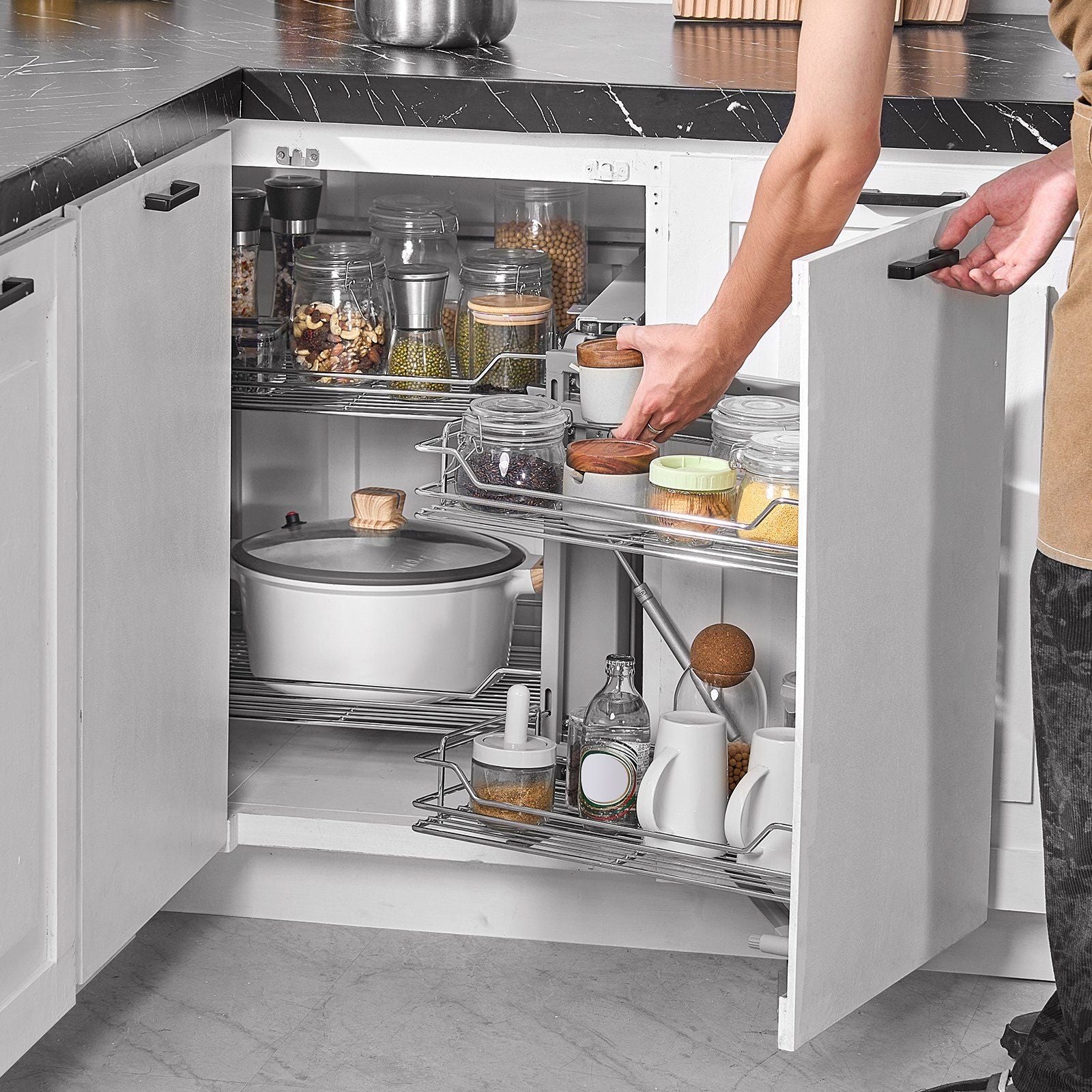 18"W Opening Blind Corner Pull Out Organizer, 2 Tier 4 Shelf Kitchen Cabinet Organizer, Magic Chrome Carbon V952-MJSNLDGG2C345BN6UV0