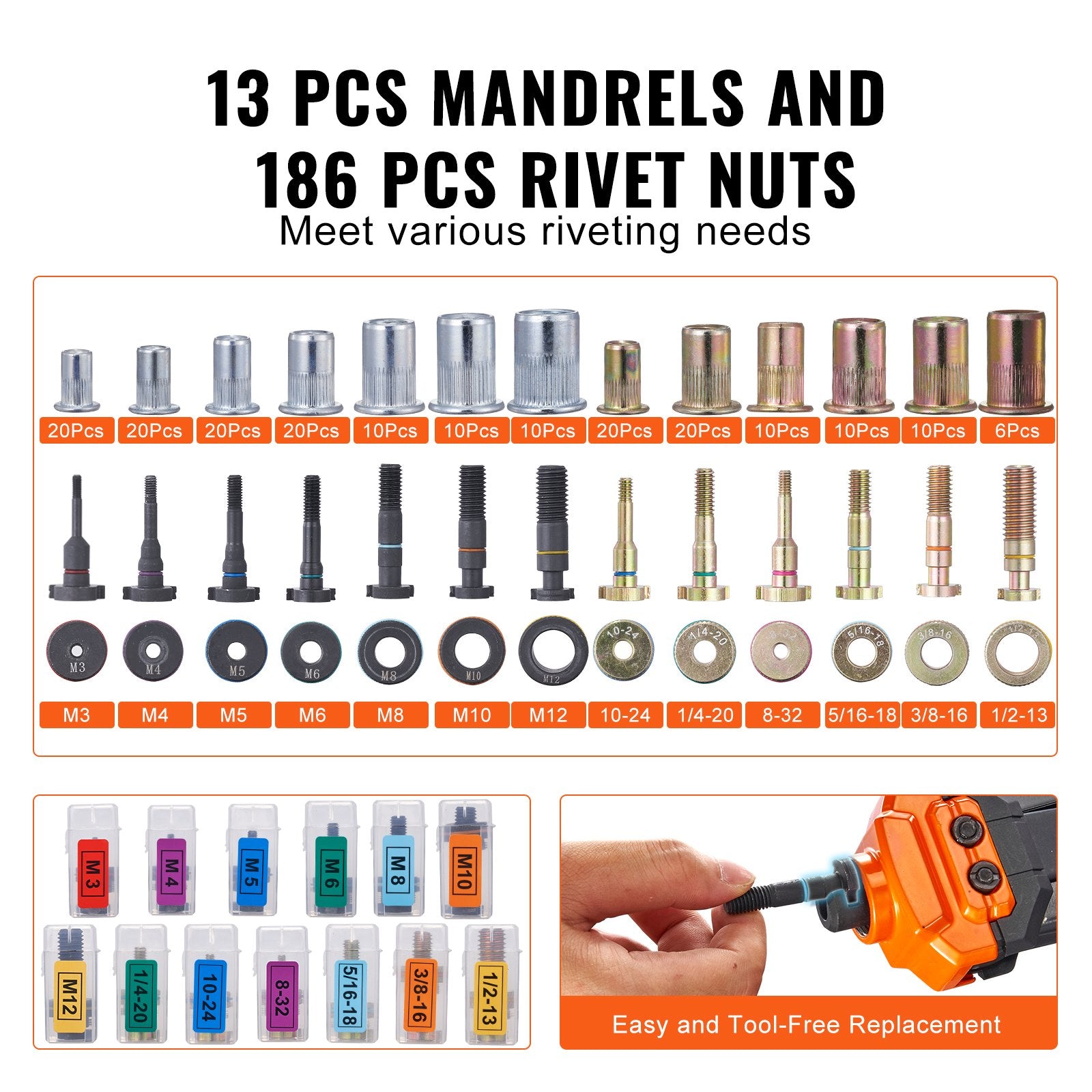 Rivet Nut Tool, 16" Rivnut Tool Kit with 13PCS Metric and SAE Mandrels, 186PCS Rivet Nuts, M3, M4, 10-24, M5, V952-MLMQBZDTDSBSA9LDQV0