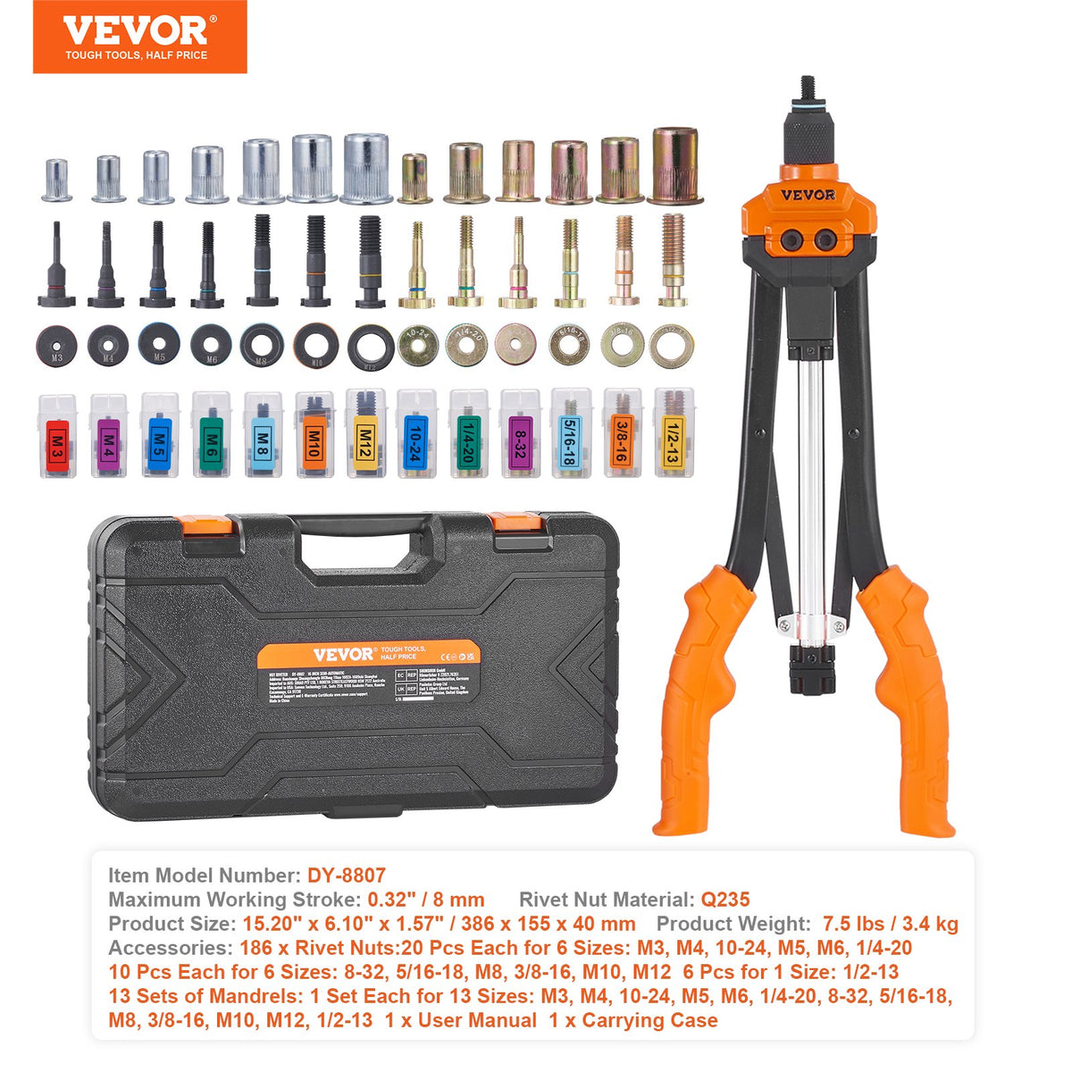 Rivet Nut Tool, 16" Rivnut Tool Kit with 13PCS Metric and SAE Mandrels, 186PCS Rivet Nuts, M3, M4, 10-24, M5, V952-MLMQBZDTDSBSA9LDQV0