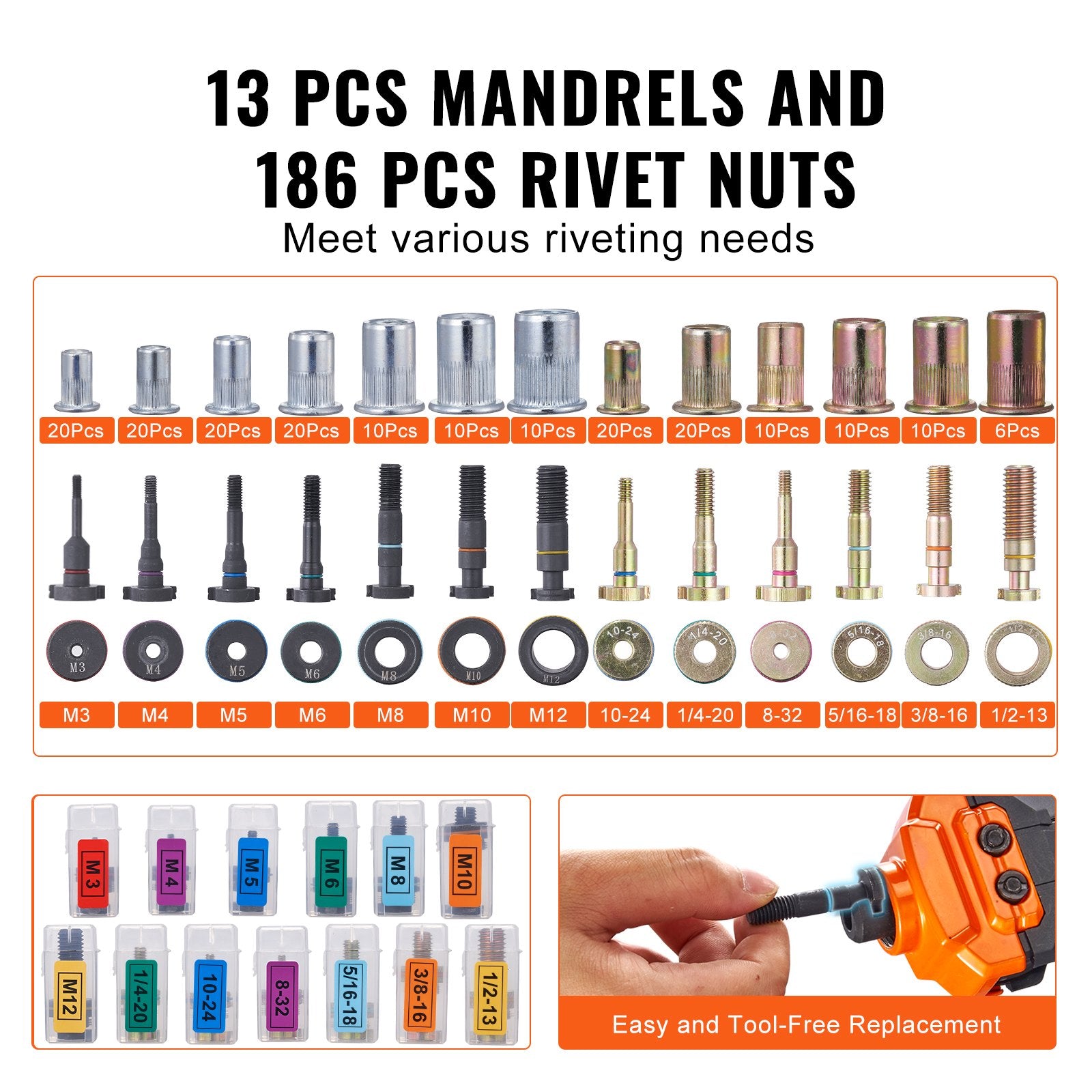 Rivet Nut Tool, 16" Rivnut Tool Kit with 13PCS Metric and SAE Mandrels, 186PCS Rivet Nuts, M3, M4, 10-24, M5, V952-MLMQWSBS16YC3FC0WV0