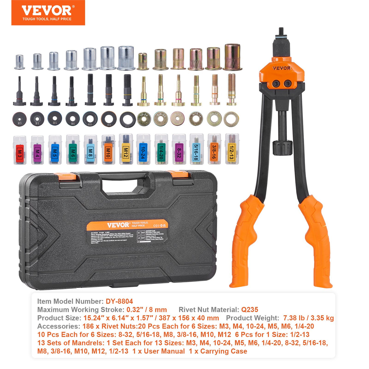 Rivet Nut Tool, 16" Rivnut Tool Kit with 13PCS Metric and SAE Mandrels, 186PCS Rivet Nuts, M3, M4, 10-24, M5, V952-MLMQWSBS16YC3FC0WV0