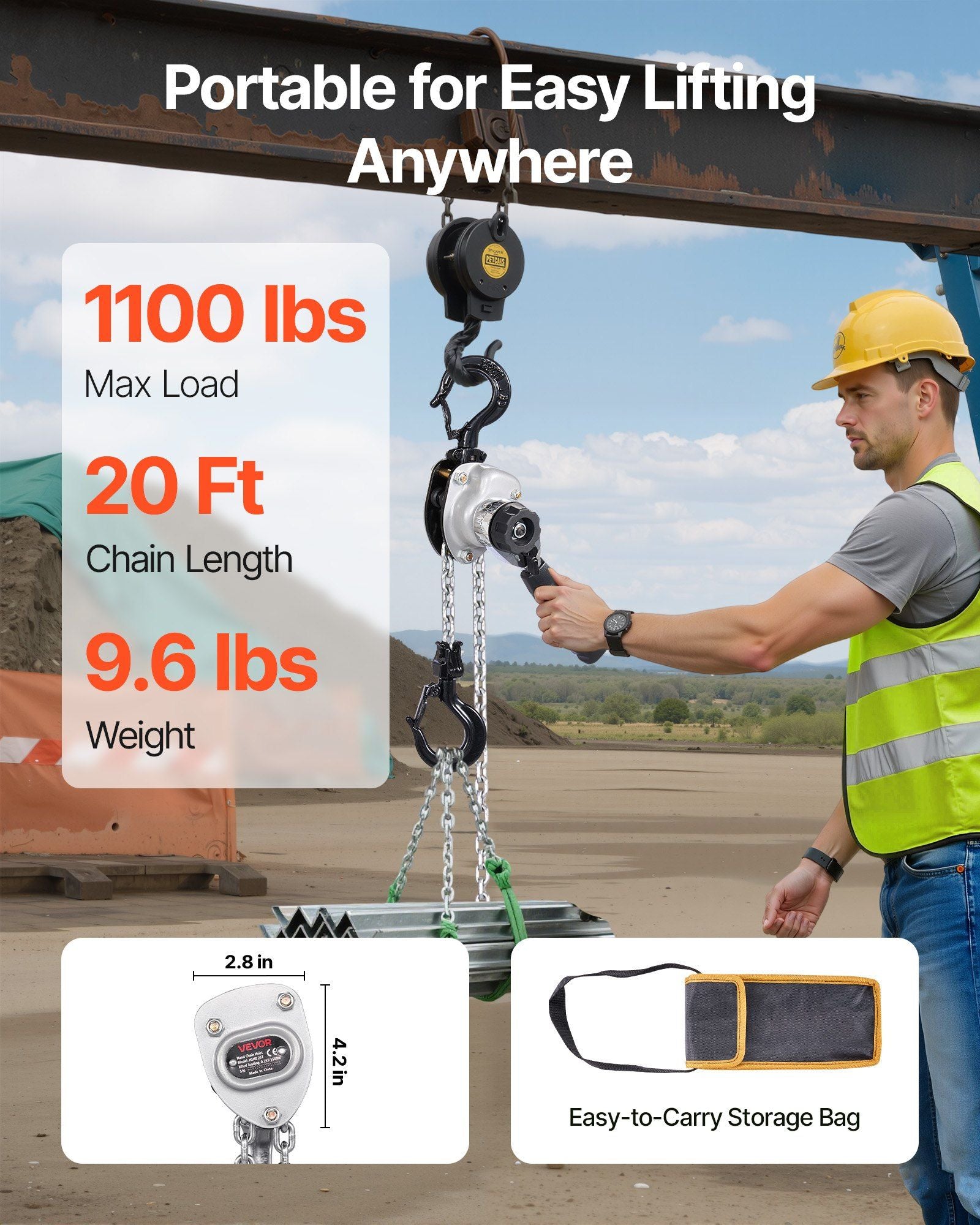 Manual Lever Chain Hoist, 1/2T 500KG Capacity Heavy Duty Come Along, 6M Lift G80 Alloy Steel Chain With Dual V952-MNKSBHLHL12T4FWVW001V0