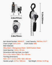 Manual Lever Chain Hoist, 1/2T 500KG Capacity Heavy Duty Come Along, 6M Lift G80 Alloy Steel Chain With Dual V952-MNKSBHLHL12T4FWVW001V0