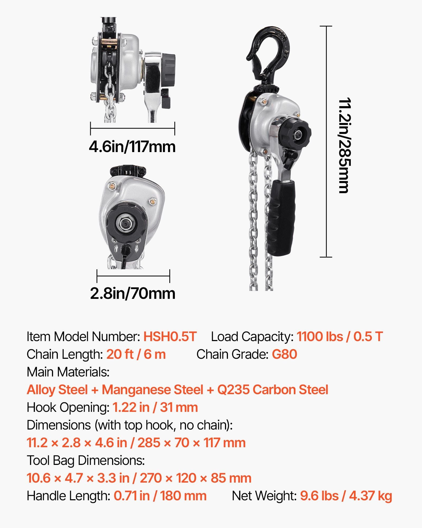 Manual Lever Chain Hoist, 1/2T 500KG Capacity Heavy Duty Come Along, 6M Lift G80 Alloy Steel Chain With Dual V952-MNKSBHLHL12T4FWVW001V0