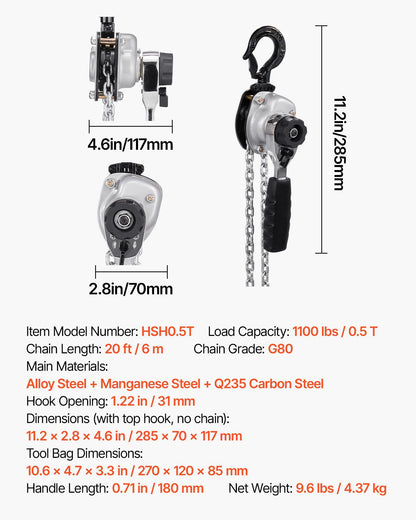 Manual Lever Chain Hoist, 1/2T 500KG Capacity Heavy Duty Come Along, 6M Lift G80 Alloy Steel Chain With Dual V952-MNKSBHLHL12T4FWVW001V0