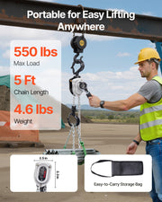 Manual Lever Chain Hoist, 1/4T 250KG Capacity Heavy Duty Come Along, 1.5M Lift G80 Alloy Steel Chain With V952-MNKSBHLHL14T5QFC1001V0