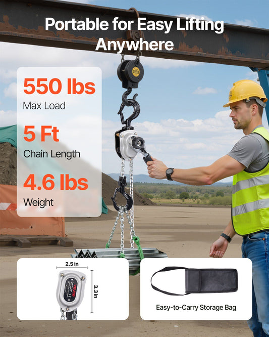 Manual Lever Chain Hoist, 1/4T 250KG Capacity Heavy Duty Come Along, 1.5M Lift G80 Alloy Steel Chain With V952-MNKSBHLHL14T5QFC1001V0