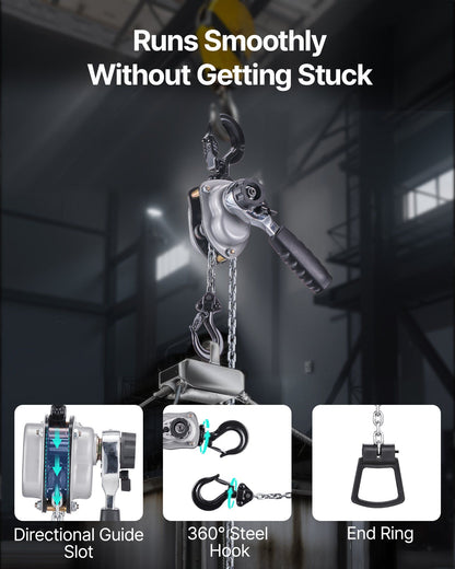 Manual Lever Chain Hoist, 1/4T 250KG Capacity Heavy Duty Come Along, 1.5M Lift G80 Alloy Steel Chain With V952-MNKSBHLHL14T5QFC1001V0