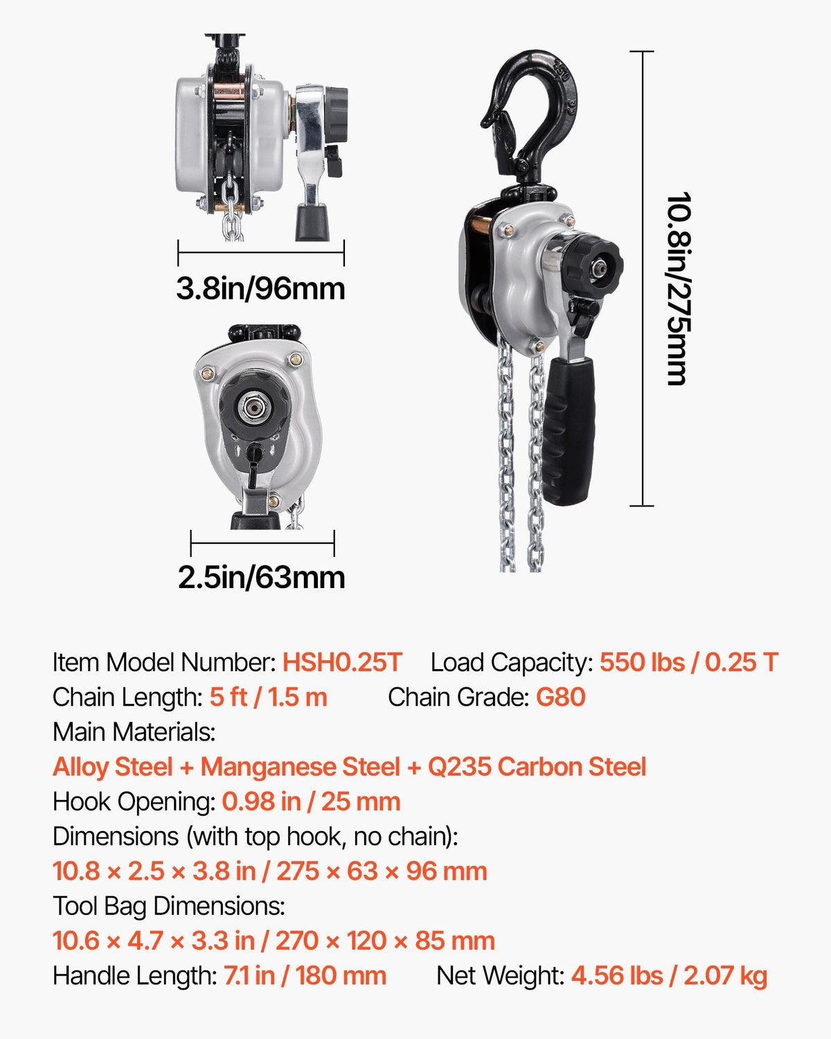 Manual Lever Chain Hoist, 1/4T 250KG Capacity Heavy Duty Come Along, 1.5M Lift G80 Alloy Steel Chain With V952-MNKSBHLHL14T5QFC1001V0