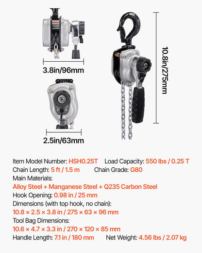 Manual Lever Chain Hoist, 1/4T 250KG Capacity Heavy Duty Come Along, 1.5M Lift G80 Alloy Steel Chain With V952-MNKSBHLHL14T5QFC1001V0