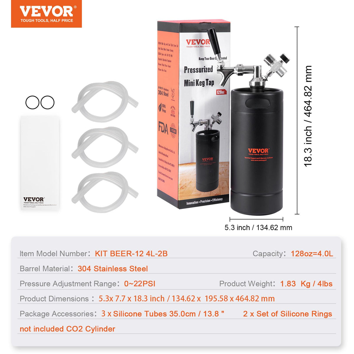 Beer Growler Tap System, 4L Mini Keg, 304 Stainless Steel Pressurized Beer Growler, Keg Growler with Pressure V952-MNPJTHSY128OZBCJQV0