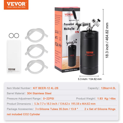 Beer Growler Tap System, 4L Mini Keg, 304 Stainless Steel Pressurized Beer Growler, Keg Growler with Pressure V952-MNPJTHSY128OZBCJQV0