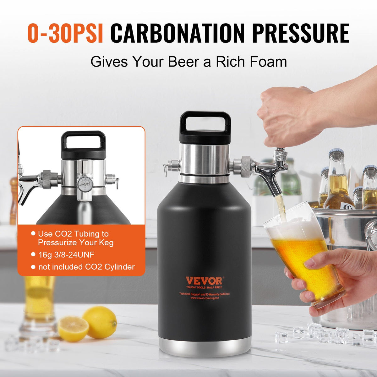 Beer Growler Tap System, 4L Mini Keg, 304 Stainless Steel Pressurized Beer Growler, Keg Growler with Pressure V952-MNPJTHSY128OZG02SV0