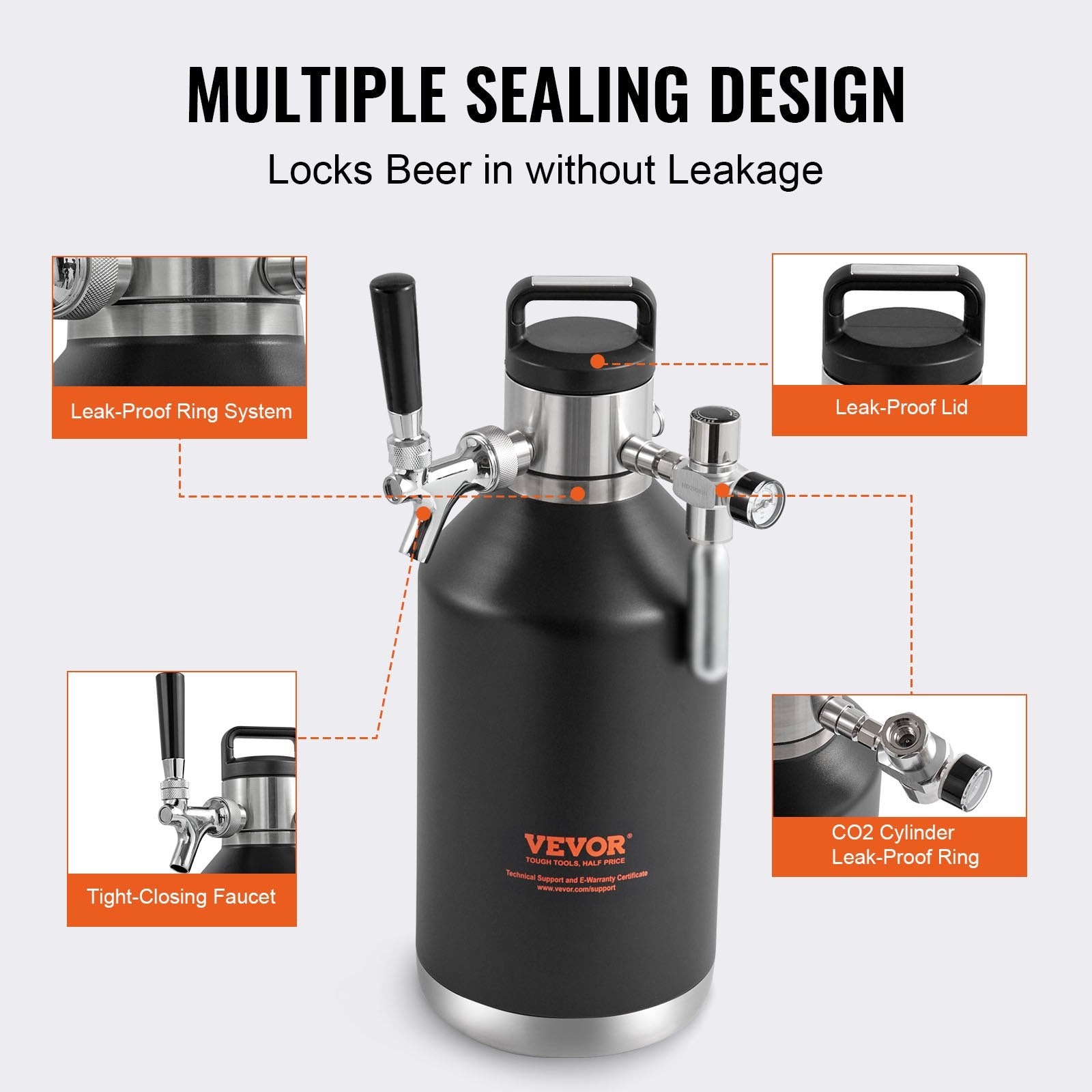 Beer Growler Tap System, 4L Mini Keg, 304 Stainless Steel Pressurized Beer Growler, Keg Growler with Pressure V952-MNPJTHSY128OZG02SV0