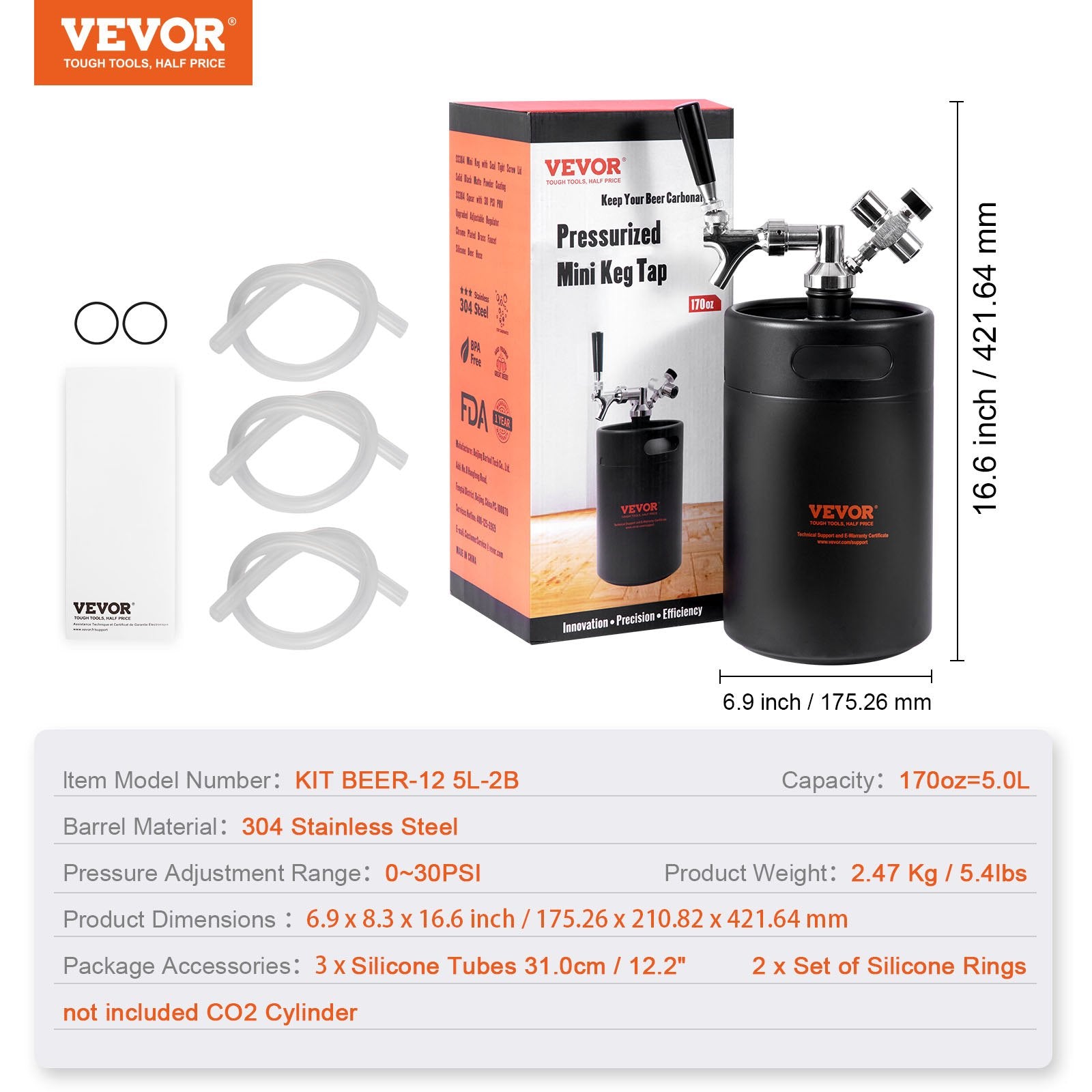 Beer Growler Tap System, 5L Mini Keg, 304 Stainless Steel Pressurized Beer Growler, Keg Growler with Pressure V952-MNPJTHSY170OZOM8VV0