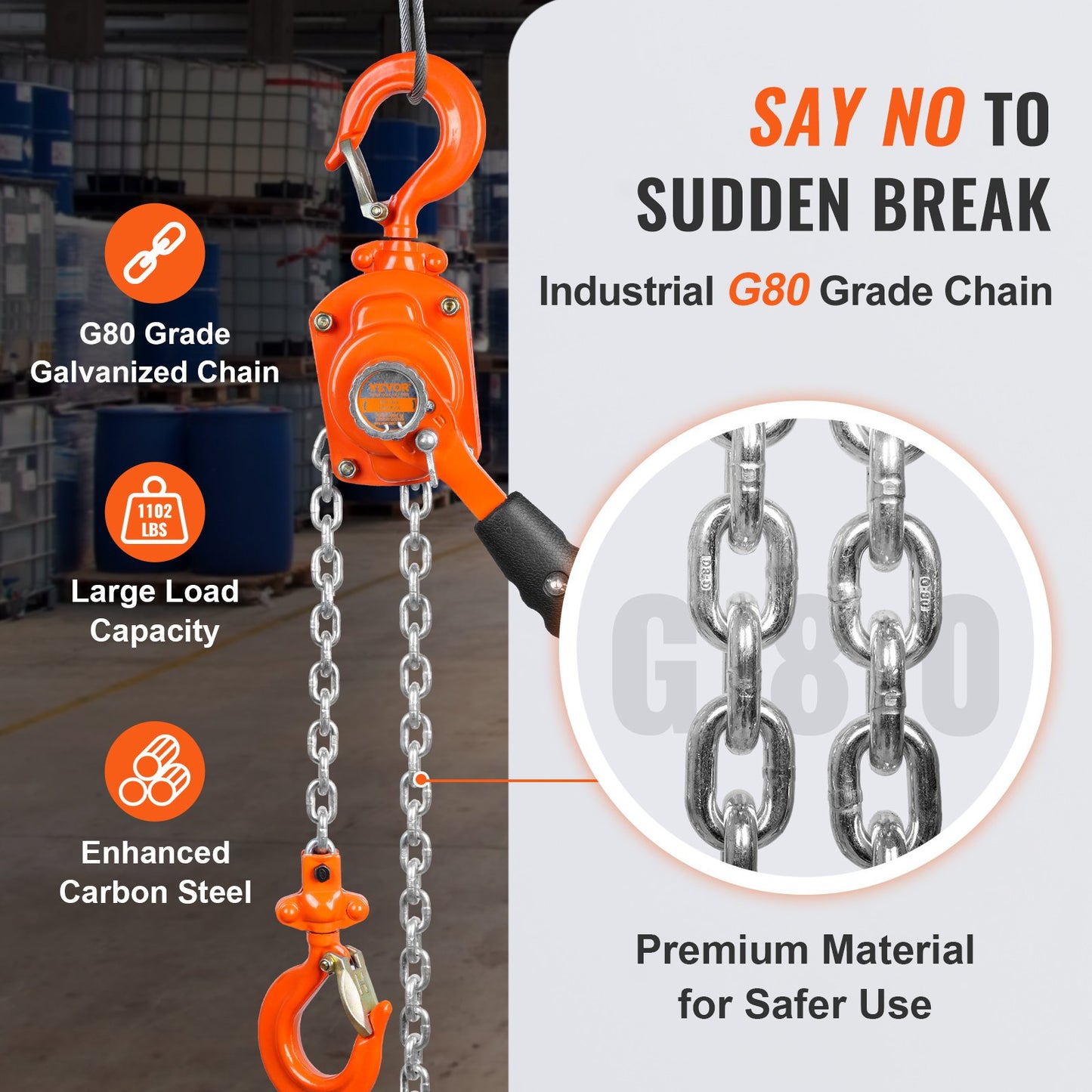 Manual Lever Chain Hoist, 1/2 Ton 1100 lbs Capacity 10 FT Come Along, G80 Galvanized Carbon Steel with Weston V952-MNSBHL12T10FTJ83GV0