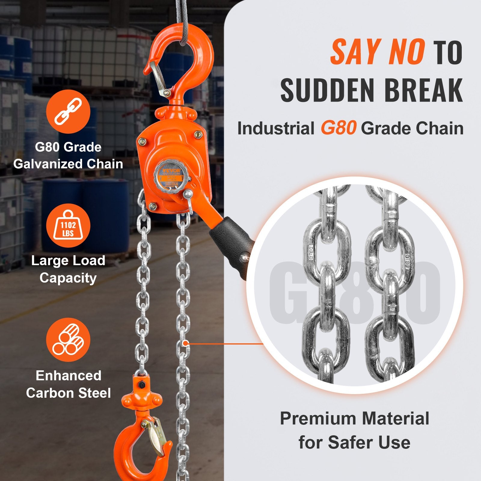 Manual Lever Chain Hoist, 1/2 Ton 1100 lbs Capacity 10 FT Come Along, G80 Galvanized Carbon Steel with Weston V952-MNSBHL12T10FTJ83GV0