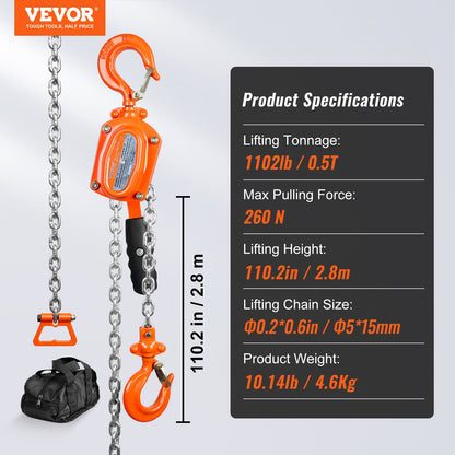 Manual Lever Chain Hoist, 1/2 Ton 1100 lbs Capacity 10 FT Come Along, G80 Galvanized Carbon Steel with Weston V952-MNSBHL12T10FTJ83GV0