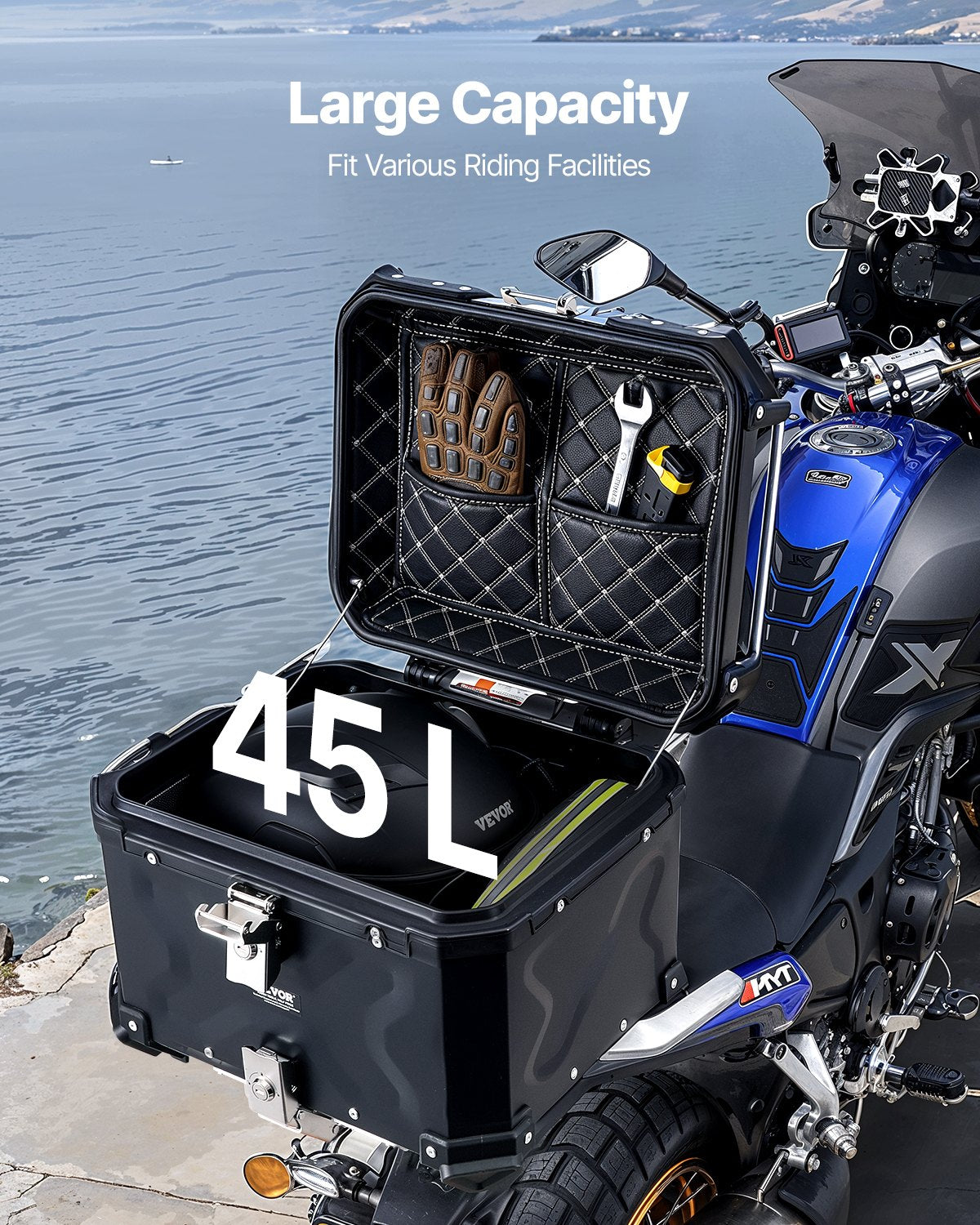 Motorcycle Top Case, Universal Aluminum Alloy Motorbike Tail Box with Leather Lining, 45L Waterproof V952-MTCJSDXHS45LZ7FXBV0