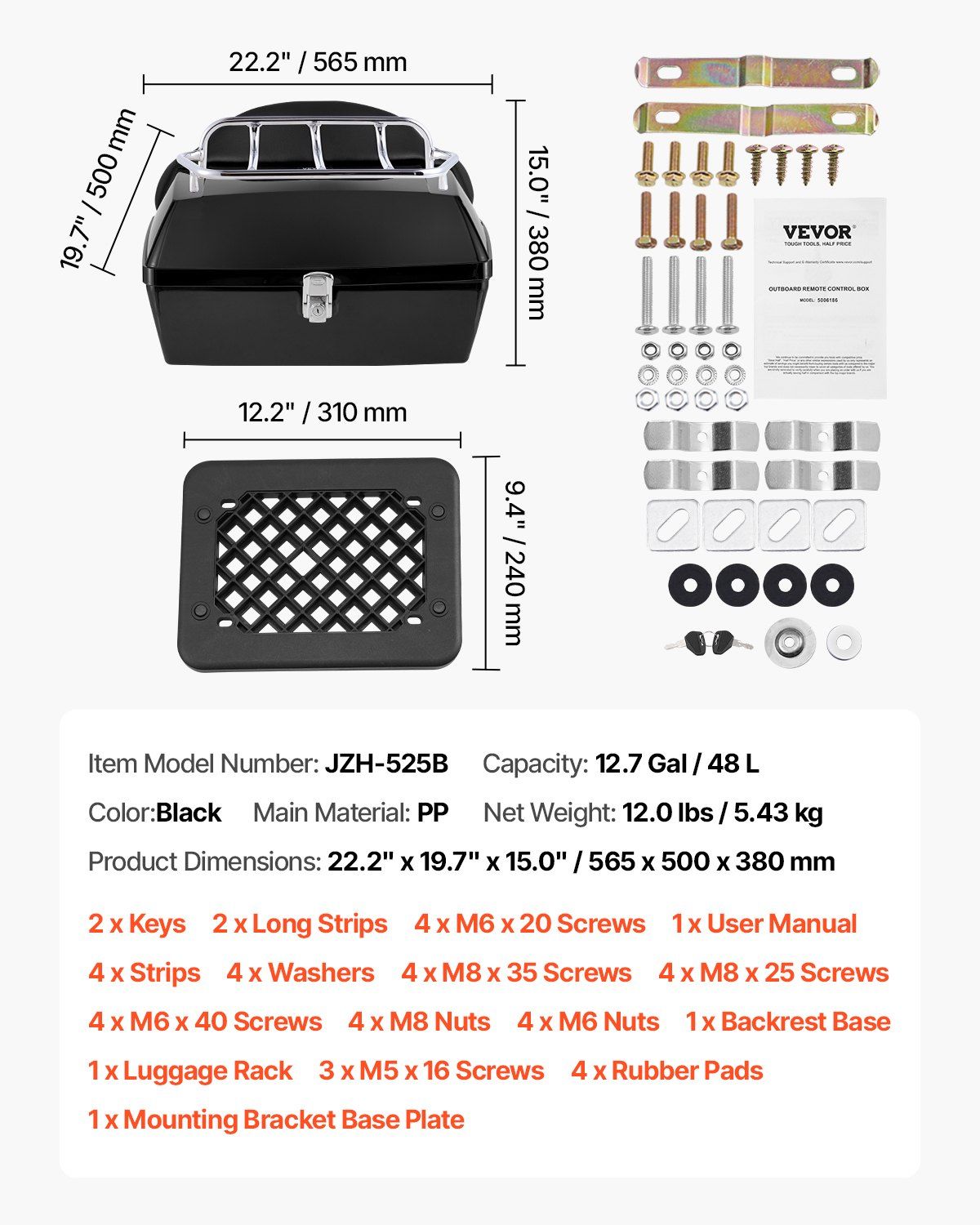 Motorcycle Top Case, Universal Durable PP Material Motorbike Tail Box with Reflective Panel, 48L Waterproof V952-MTCSLDXHS48LY0GRXV0