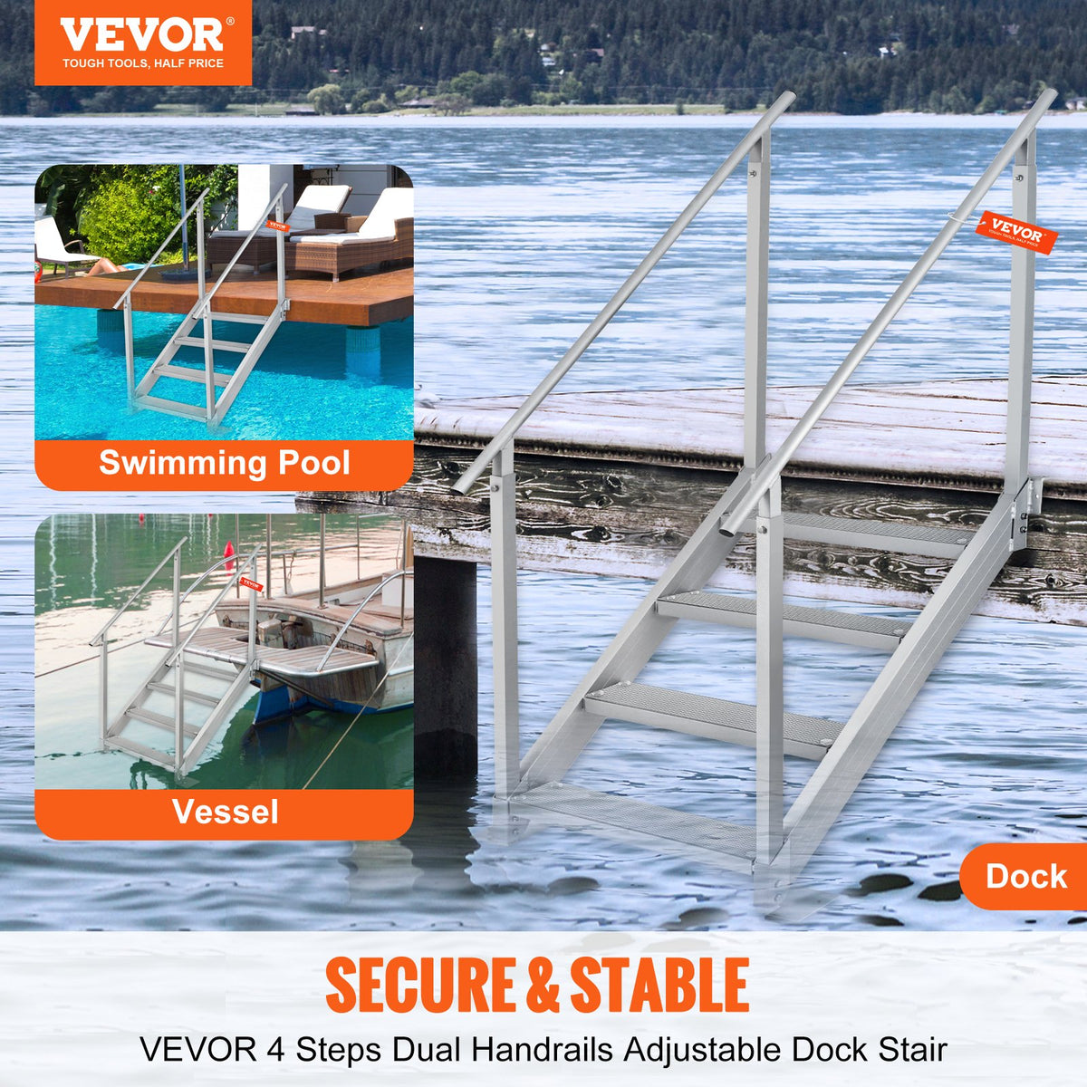 Dock Ladder 4 Step, Dock Stairs 30''-38'' Adjustable Height, 227 kgs Load Capacity, Aluminum Pontoon Boat V952-MTFSTWJFHXJD56RPMV0