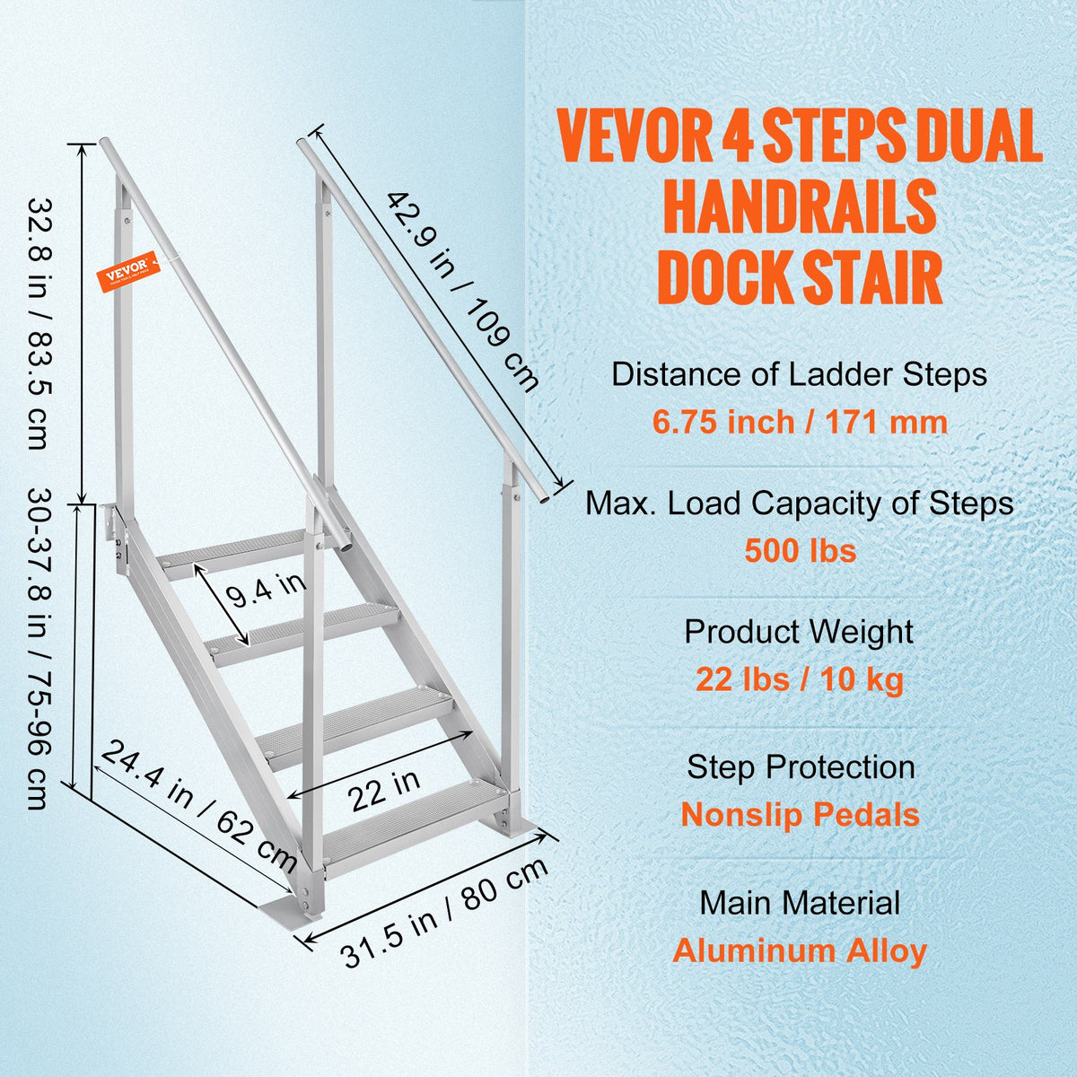 Dock Ladder 4 Step, Dock Stairs 30''-38'' Adjustable Height, 227 kgs Load Capacity, Aluminum Pontoon Boat V952-MTFSTWJFHXJD56RPMV0