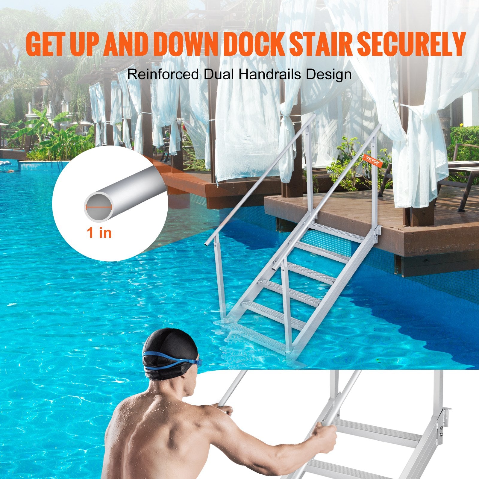 Dock Ladder, 1.09 m-1.29 m Adjustable Height, 227 kg Load Capacity, Aluminum Alloy 6 Steps Pontoon Boat V952-MTFSTWJFHXJD5J314V0