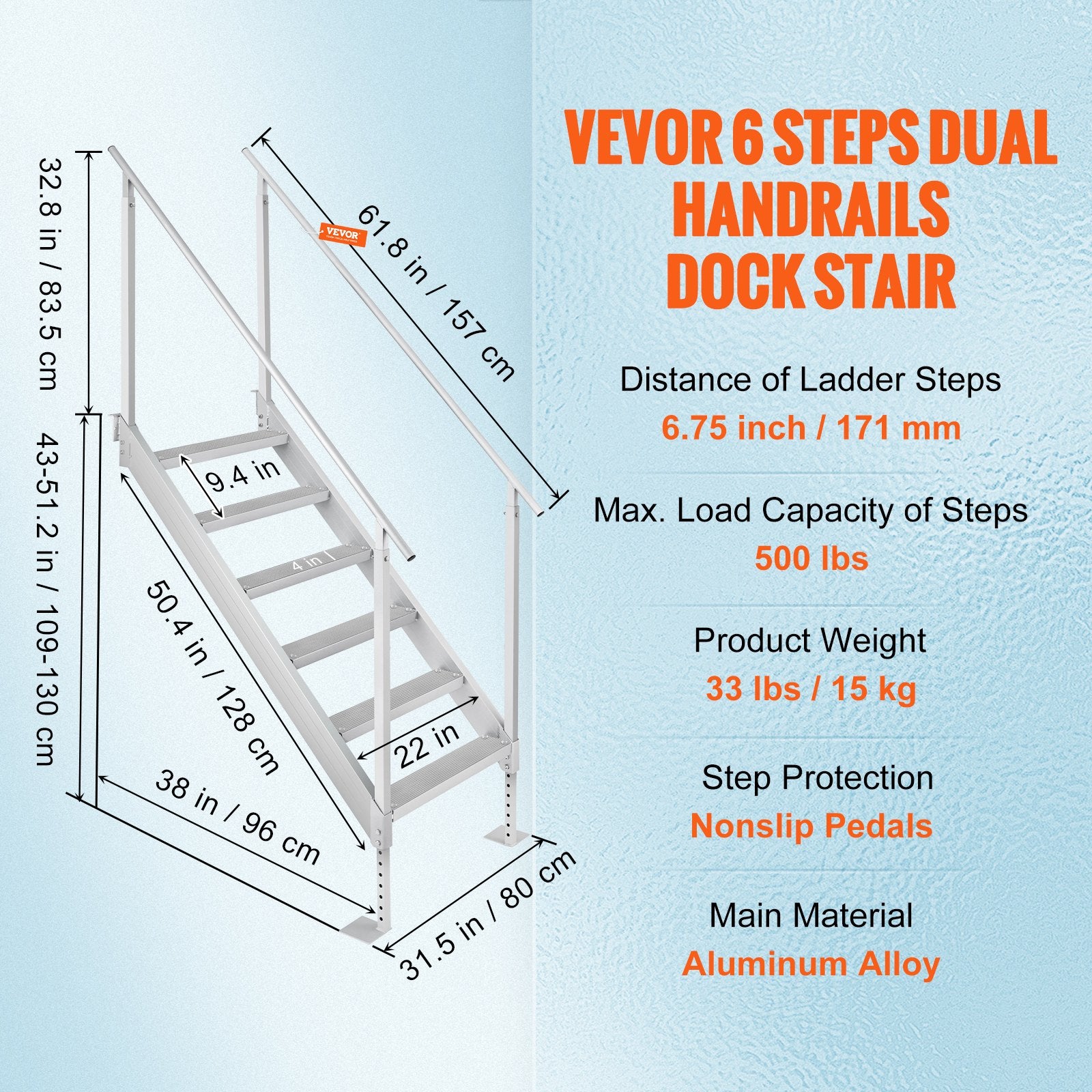 Dock Ladder, 1.09 m-1.29 m Adjustable Height, 227 kg Load Capacity, Aluminum Alloy 6 Steps Pontoon Boat V952-MTFSTWJFHXJD5J314V0
