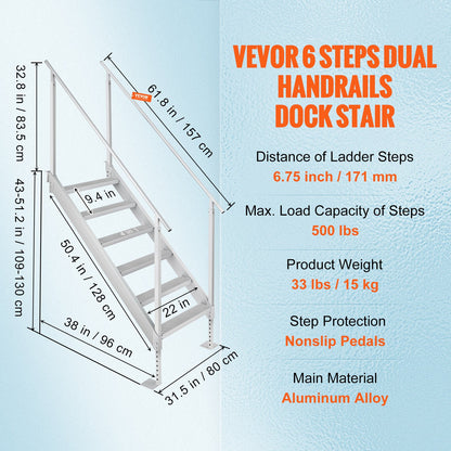 Dock Ladder, 1.09 m-1.29 m Adjustable Height, 227 kg Load Capacity, Aluminum Alloy 6 Steps Pontoon Boat V952-MTFSTWJFHXJD5J314V0
