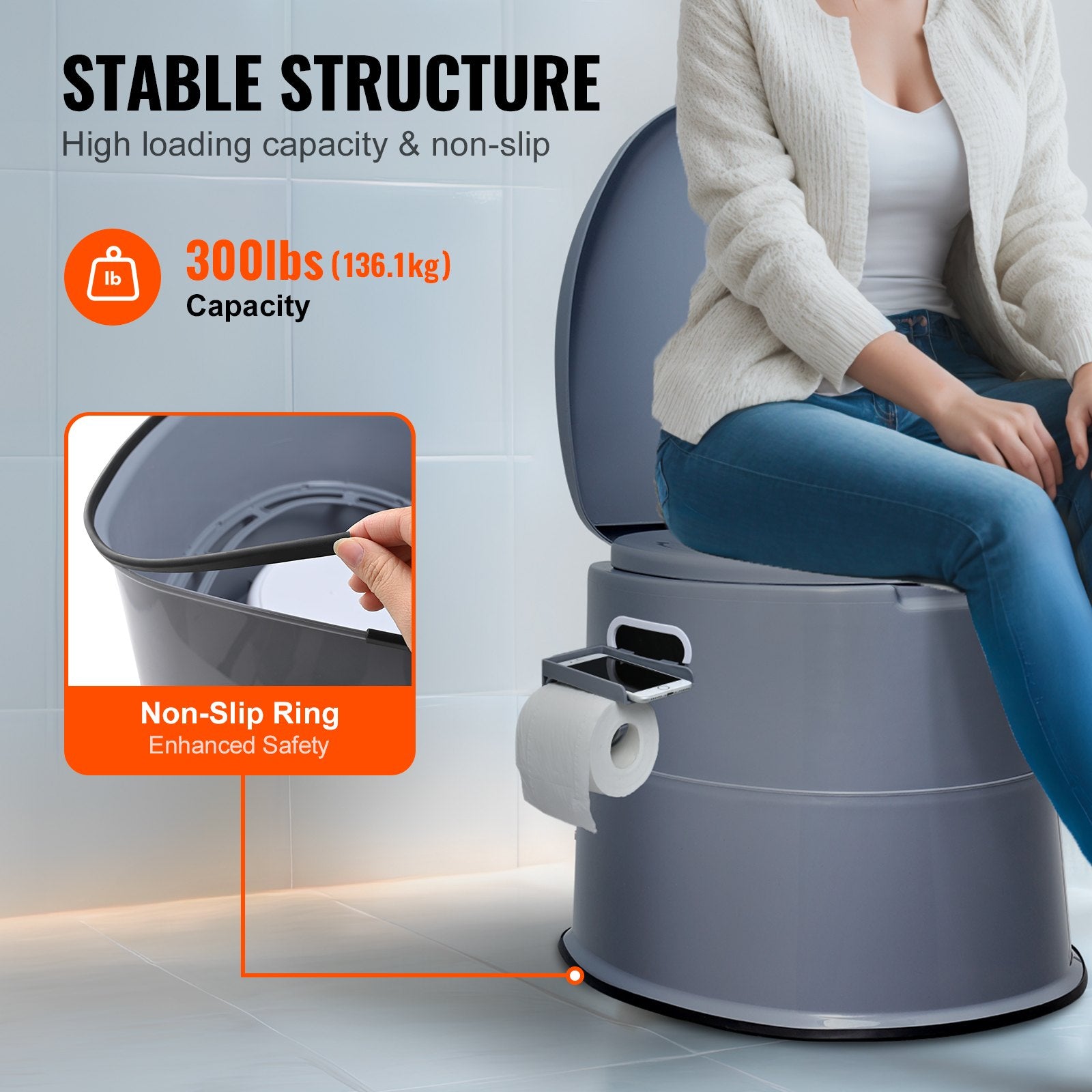Portable Toilet for Camping, Porta Potty with 5L Detachable Inner Bucket & Removable Paper Holder, Commode V952-MTSBXSMT300BBWUTFV0