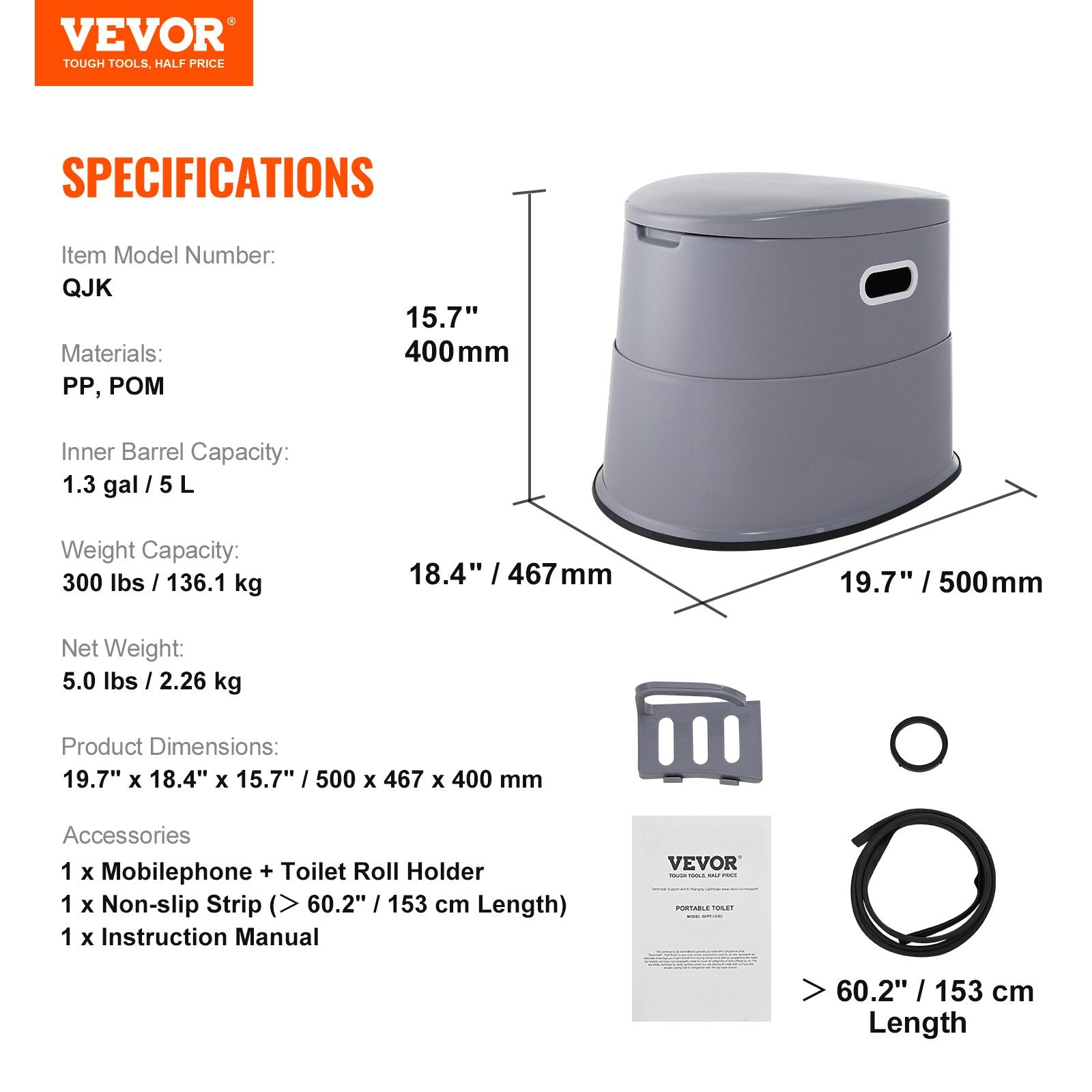 Portable Toilet for Camping, Porta Potty with 5L Detachable Inner Bucket & Removable Paper Holder, Commode V952-MTSBXSMT300BBWUTFV0