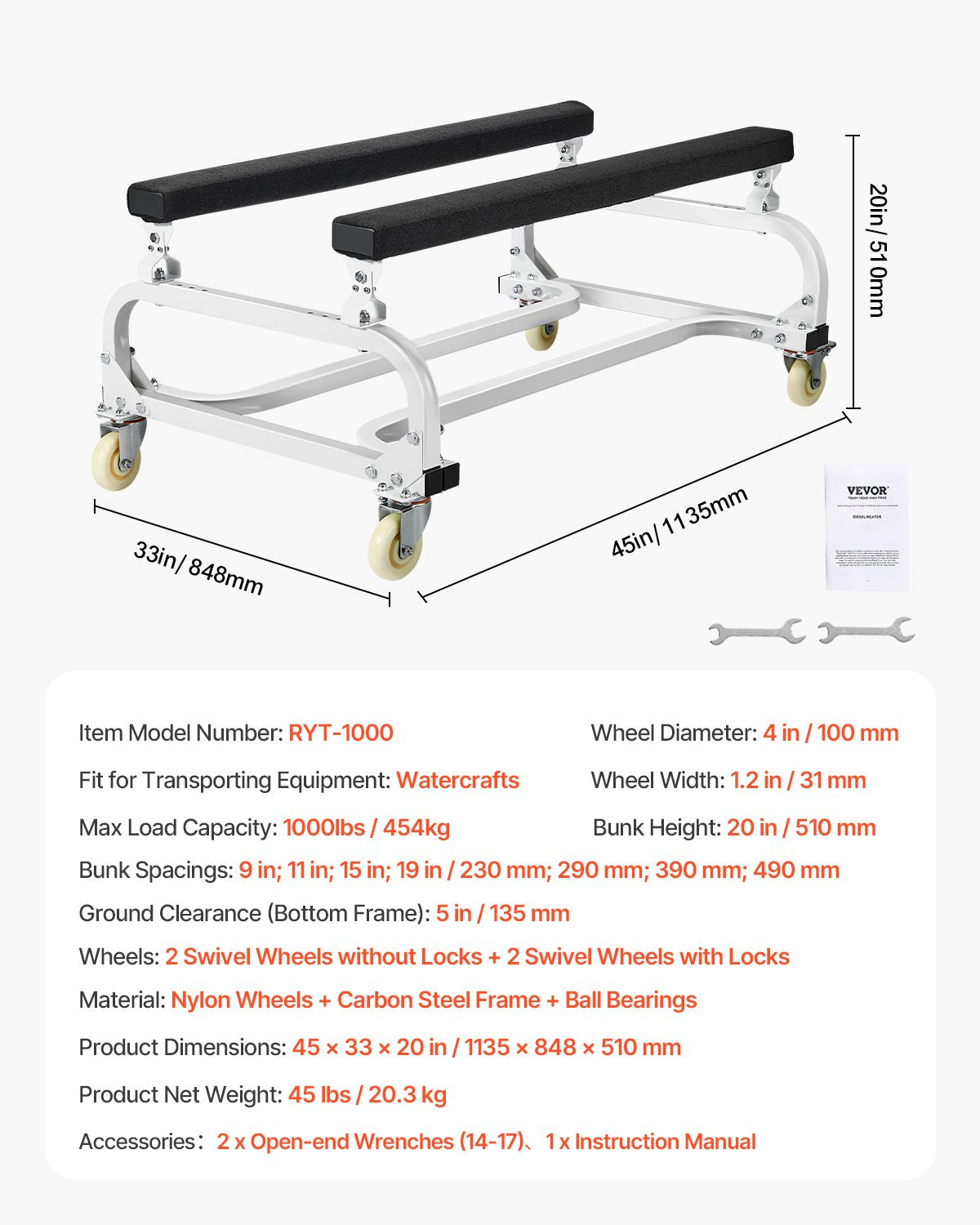 Watercraft PWC Dolly Boat 454 kg Capacity Jet Ski Stand Storage Cart V952-MTTTC1000B00Z7V2DV0