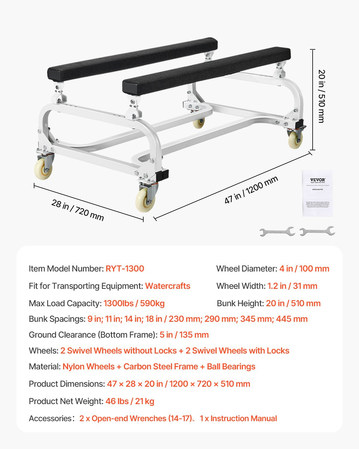 Watercraft PWC Dolly, 1300 lbs Load Capacity, Jet Ski Stand PWC Cart for Moving Watercraft, Adjustable Bunks V952-MTTTC1300B00T70CCV0