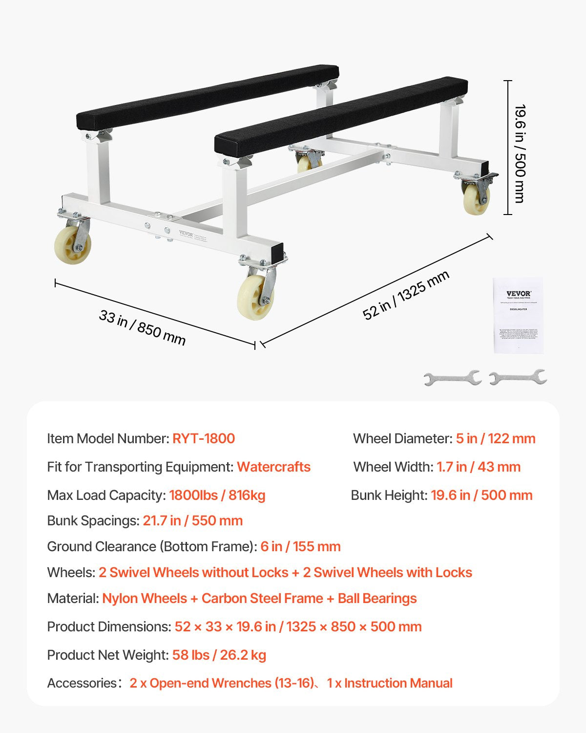 Watercraft PWC Dolly, 1800 lbs Load Capacity, Jet Ski Stand PWC Cart for Moving Watercraft, Fixed Bunk with 4 V952-MTTTC1800B00B9AWFV0