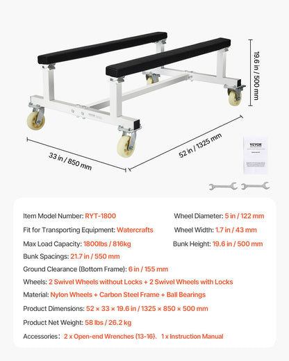Watercraft PWC Dolly, 1800 lbs Load Capacity, Jet Ski Stand PWC Cart for Moving Watercraft, Fixed Bunk with 4 V952-MTTTC1800B00B9AWFV0