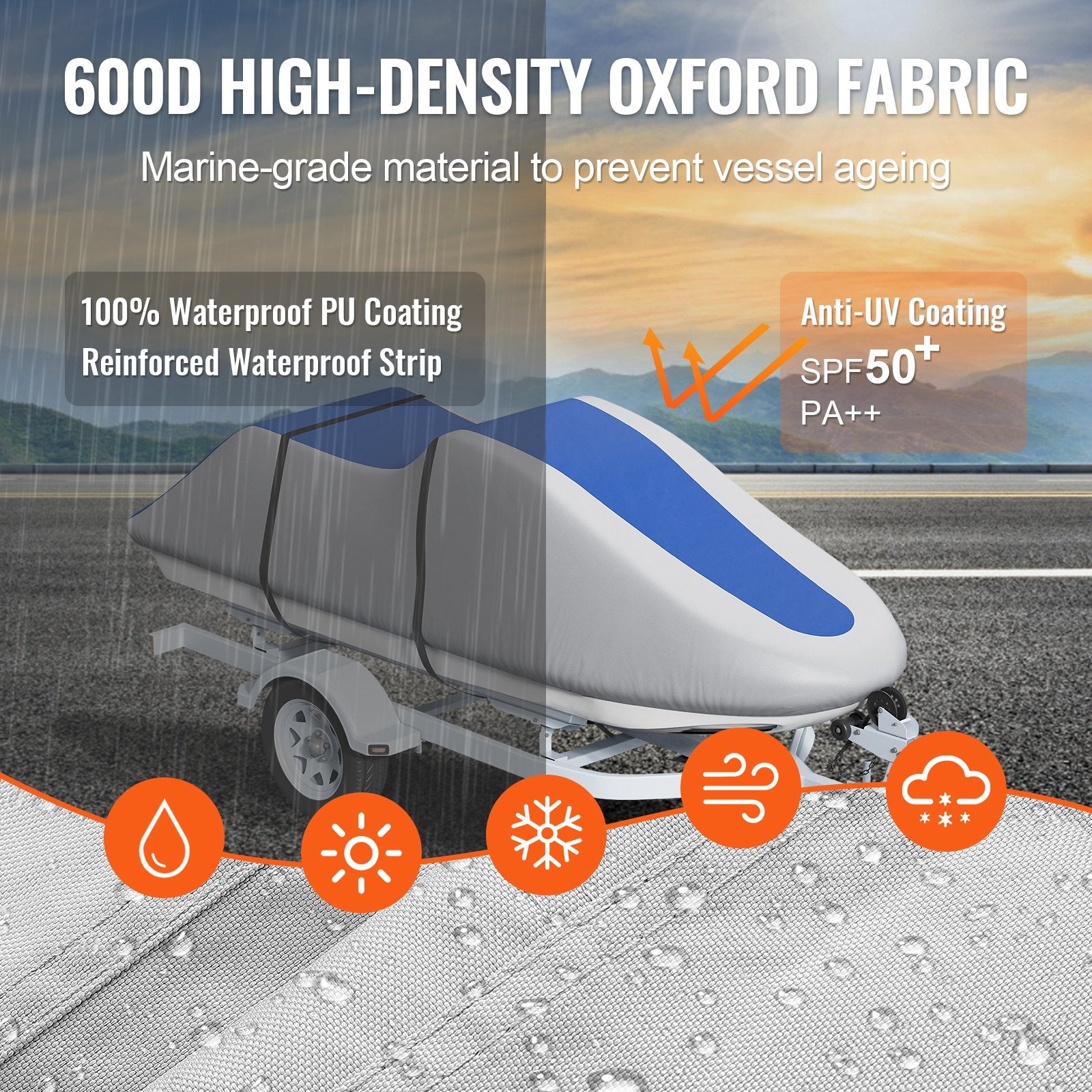 Jet Ski Cover 320-342 cm Trailerable Waterproof PWC Cover, Heavy-duty 600D Marine Grade PU Oxford Fabric, UV V952-MTTZ600D1261S5O7FV0