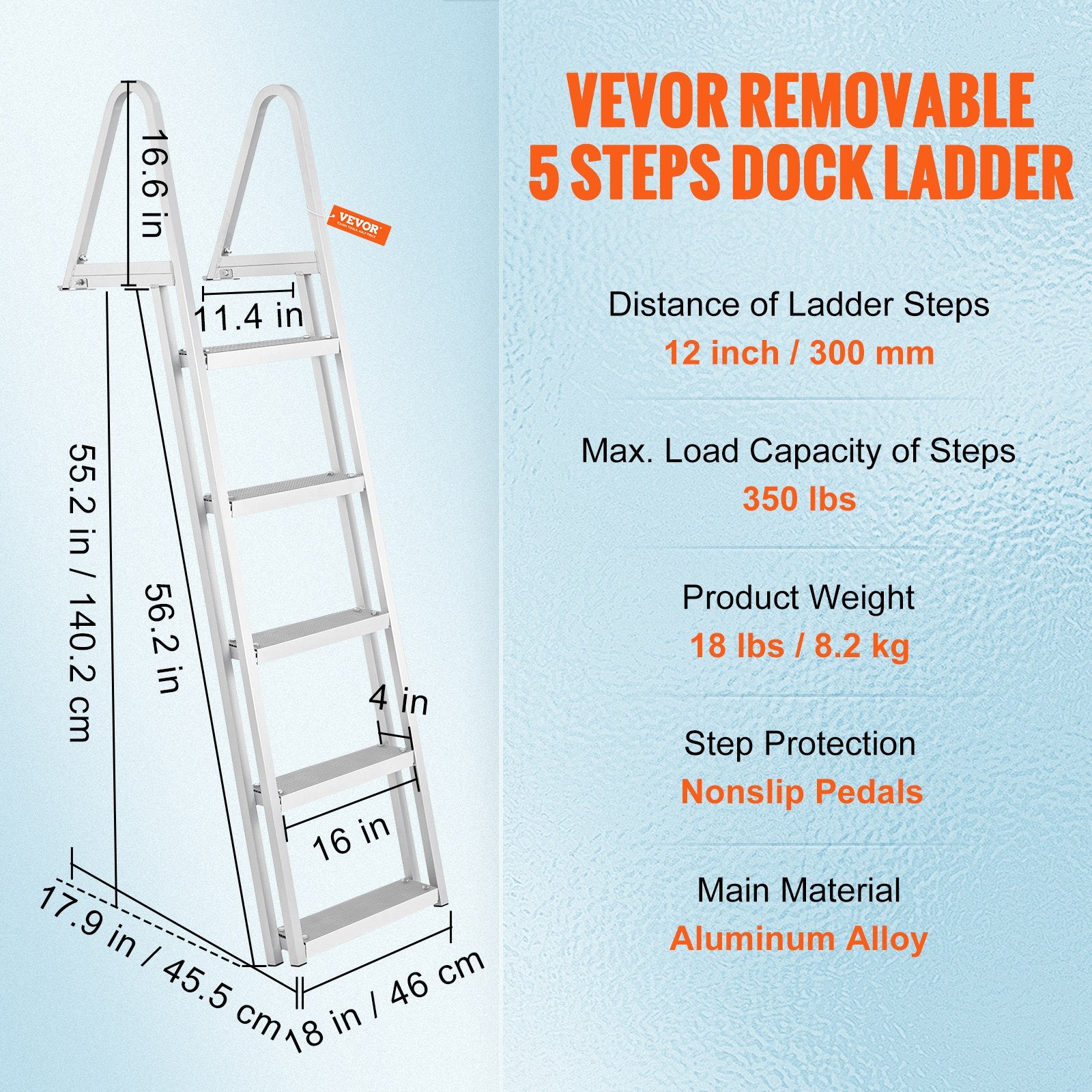 Removable Dock Ladder 5 Steps, 159 kg Load Capacity, Pontoon Boat Ladder with 4'' Wide Step & Nonslip Design V952-MTXTCXSJFHXJDO516V0