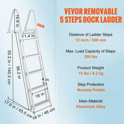 Removable Dock Ladder 5 Steps, 159 kg Load Capacity, Pontoon Boat Ladder with 4'' Wide Step & Nonslip Design V952-MTXTCXSJFHXJDO516V0