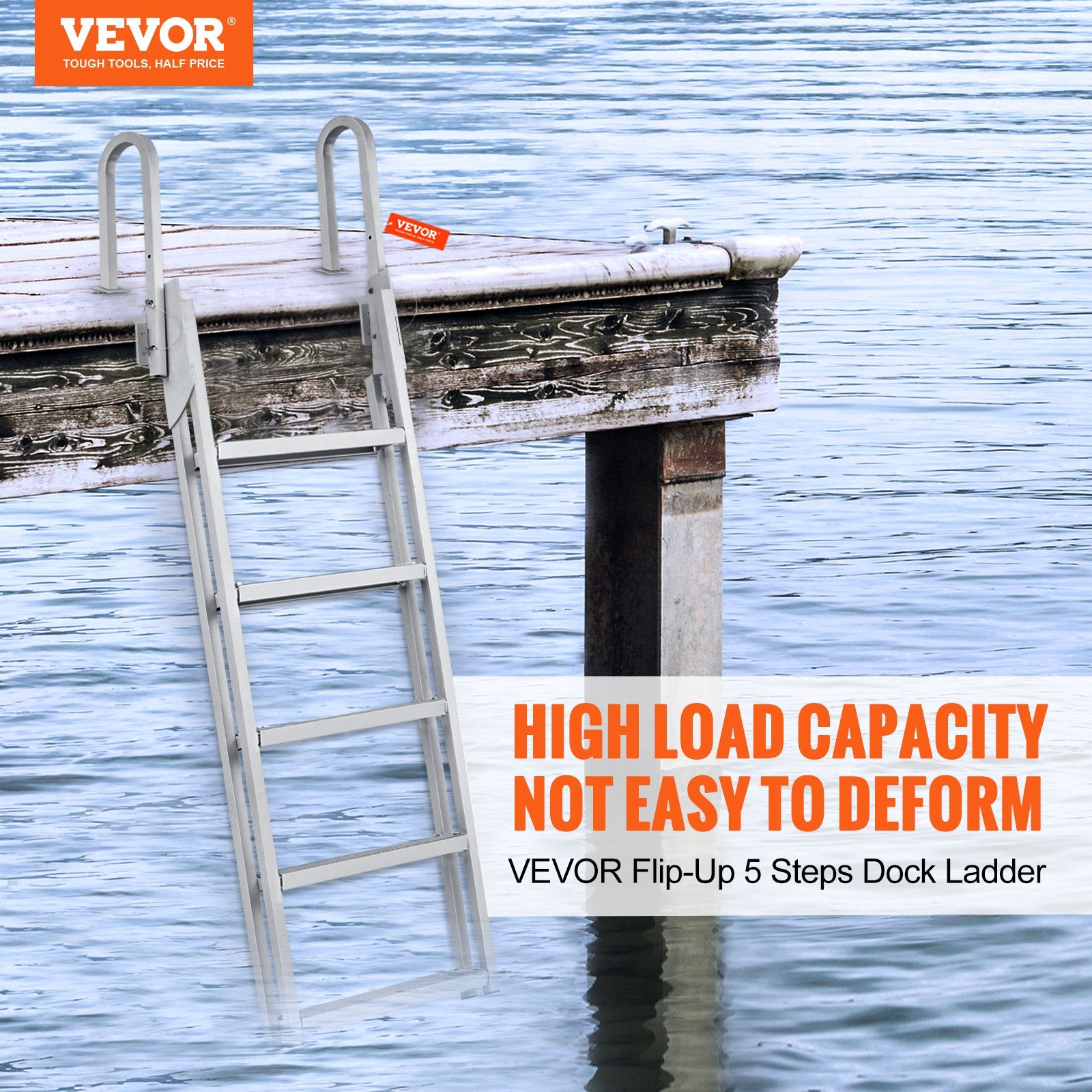 Dock Ladder Flip Up 5 Steps, 350lbs Load Capacity, Aluminum Pontoon Boat Ladder with 4" Wide Step & Nonslip V952-MTXTSFSJFHXJDZKVCV0