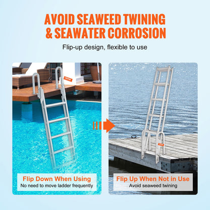 Dock Ladder Flip Up 5 Steps, 350lbs Load Capacity, Aluminum Pontoon Boat Ladder with 4" Wide Step & Nonslip V952-MTXTSFSJFHXJDZKVCV0
