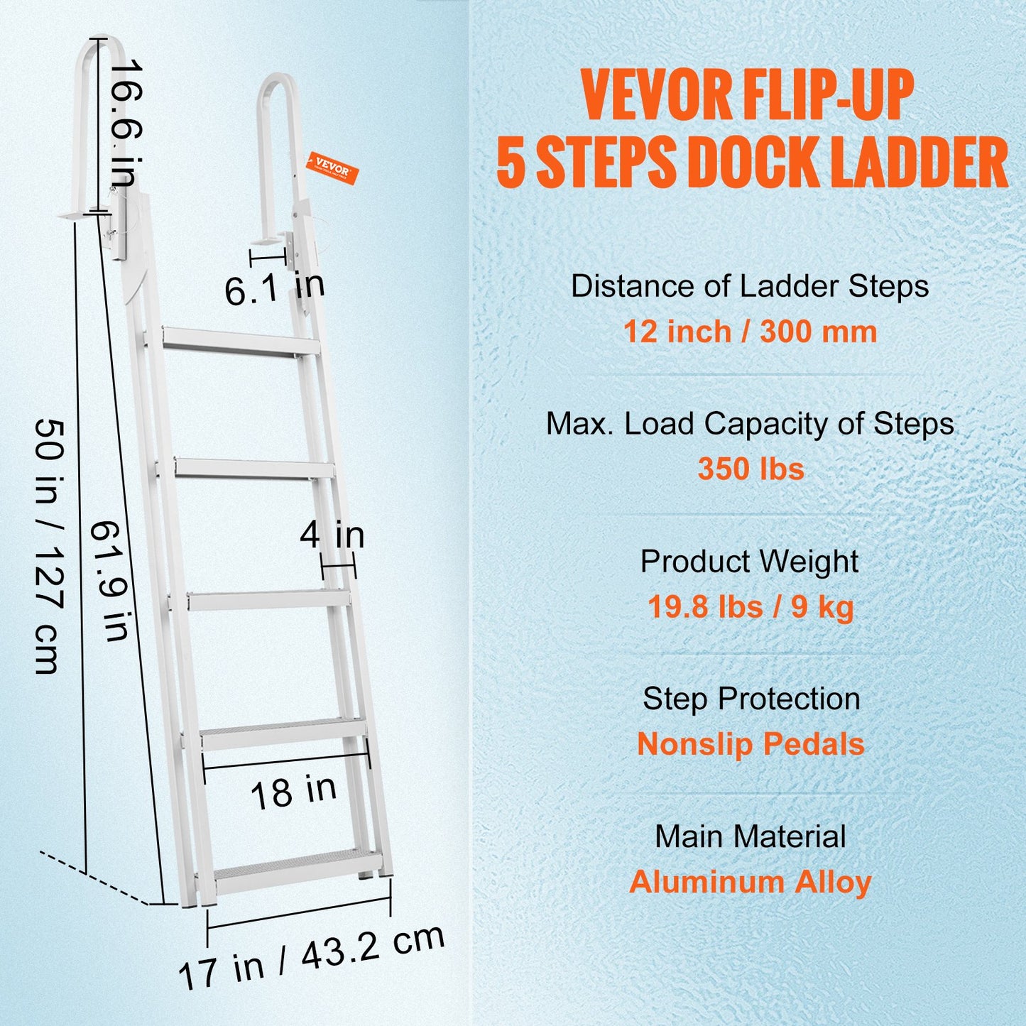 Dock Ladder Flip Up 5 Steps, 350lbs Load Capacity, Aluminum Pontoon Boat Ladder with 4" Wide Step & Nonslip V952-MTXTSFSJFHXJDZKVCV0