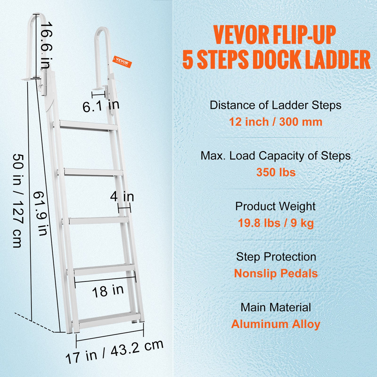 Dock Ladder Flip Up 5 Steps, 350lbs Load Capacity, Aluminum Pontoon Boat Ladder with 4" Wide Step & Nonslip V952-MTXTSFSJFHXJDZKVCV0