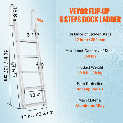 Dock Ladder Flip Up 5 Steps, 350lbs Load Capacity, Aluminum Pontoon Boat Ladder with 4" Wide Step & Nonslip V952-MTXTSFSJFHXJDZKVCV0