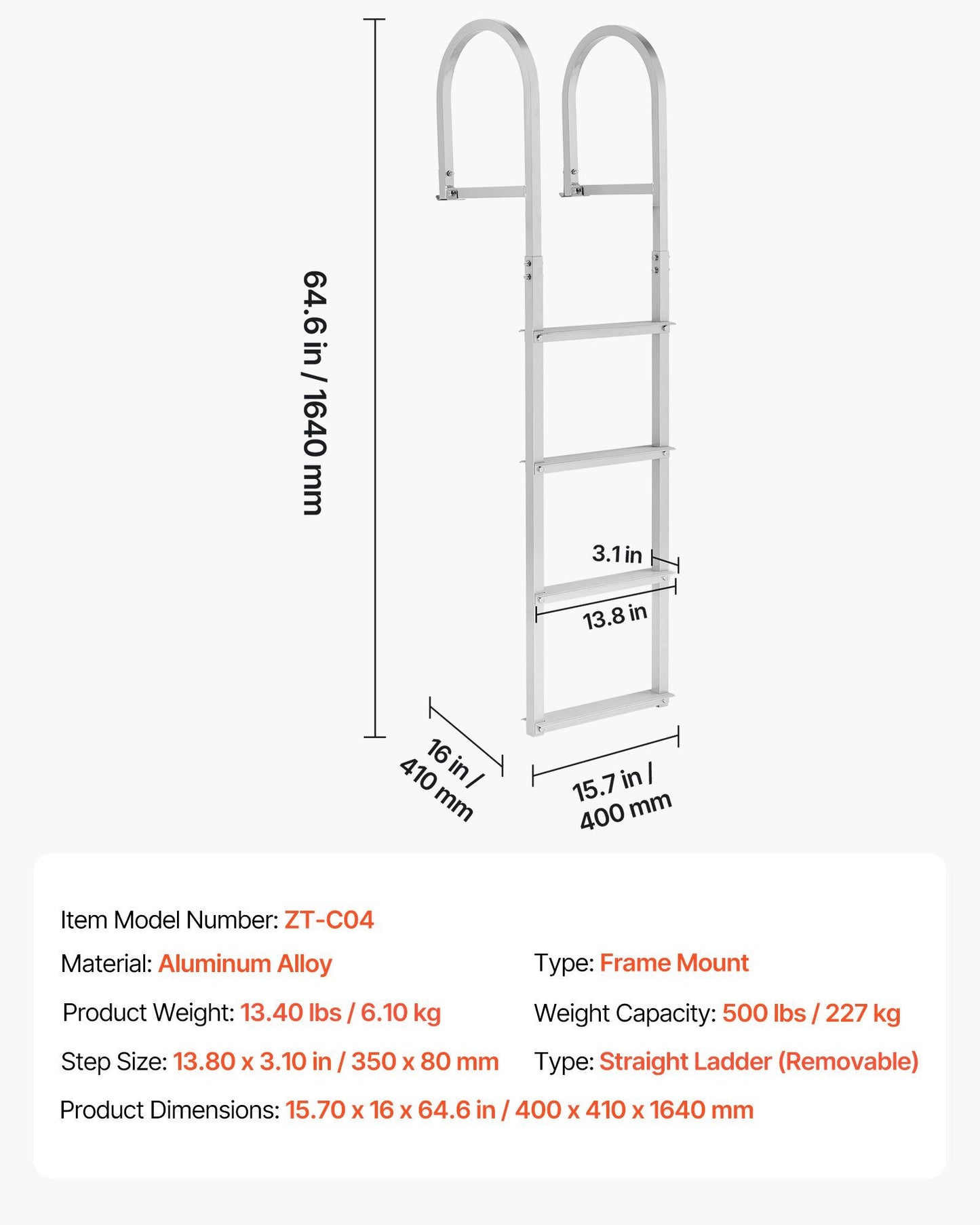 Removable Dock Ladder, 4 Steps, Aluminum Alloy Pontoon Boat Swim Ladder, with Non-Slip Wide Steps, 227 kg V952-MTZTCXSWPJ50ALQSF001V0
