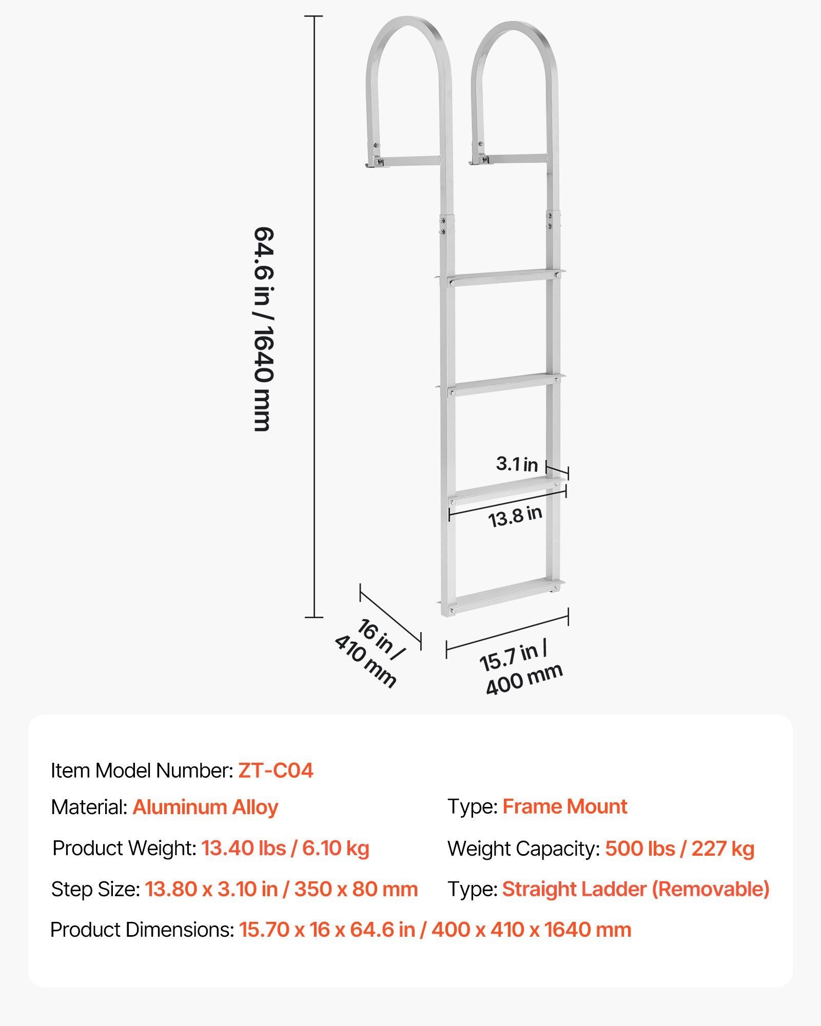 Removable Dock Ladder, 4 Steps, Aluminum Alloy Pontoon Boat Swim Ladder, with Non-Slip Wide Steps, 227 kg V952-MTZTCXSWPJ50ALQSF001V0