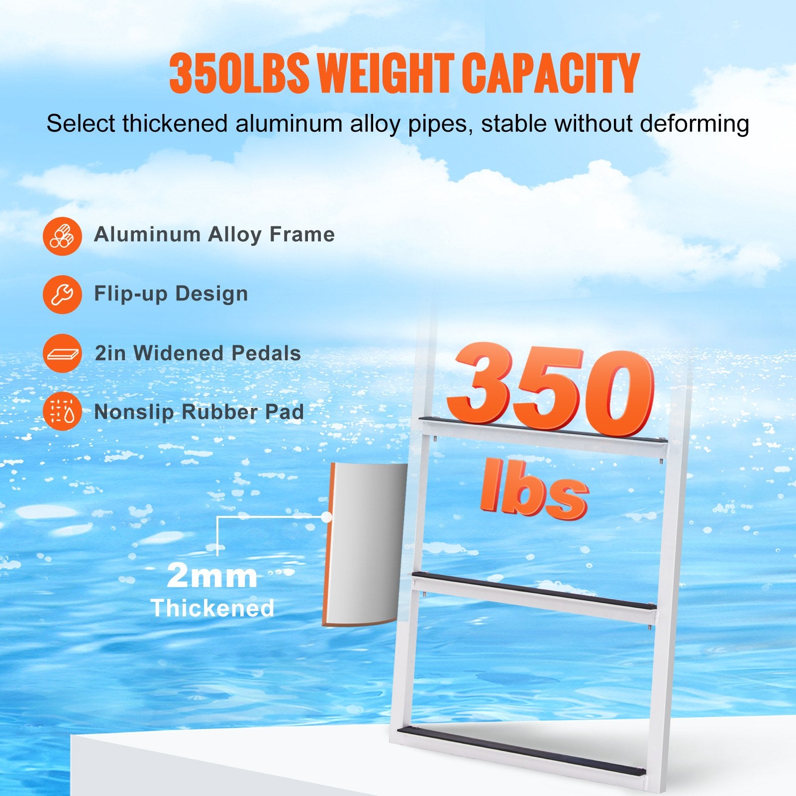 Dock Ladder, Flip-Up 3 Steps, 159 kg Load Capacity, Aluminum Alloy Pontoon Boat Ladder with 50.8 mm Wide Step V952-MTZTSFSJFHXJDD9C0V0